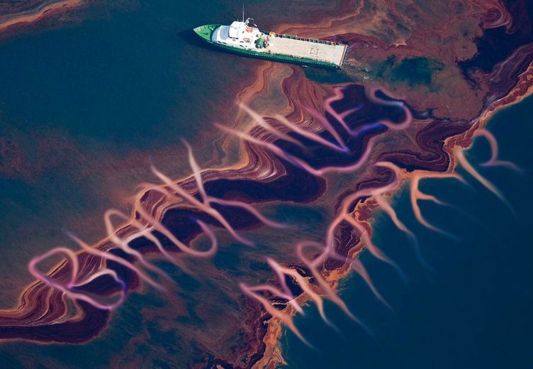 Ocean with a cruiser driving through an oil spill spelling "black lives matter"