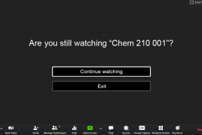 A Zoom screen reading "Are you still watching 'Chem 210 001'?"