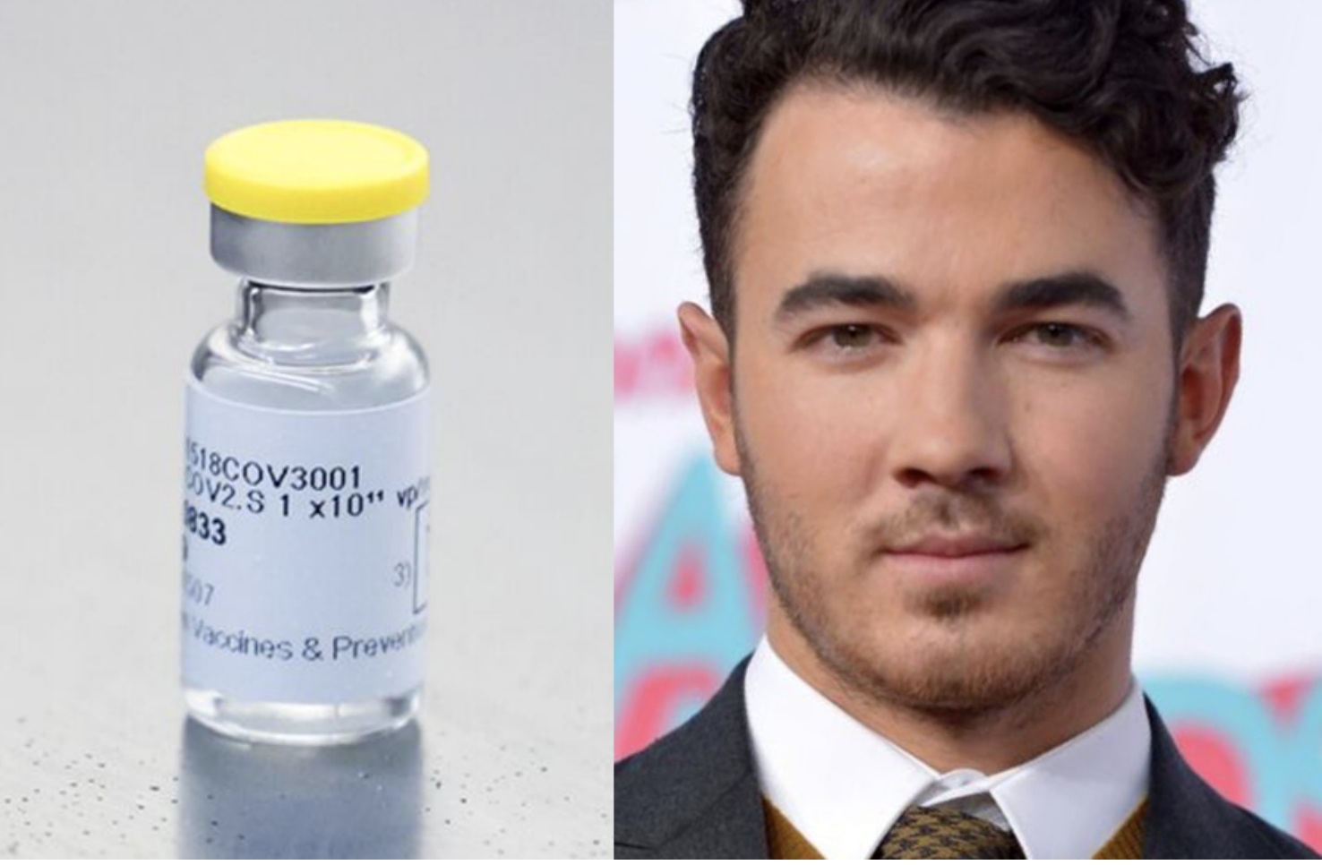 Split image of Kevin Jonas and vaccine vial