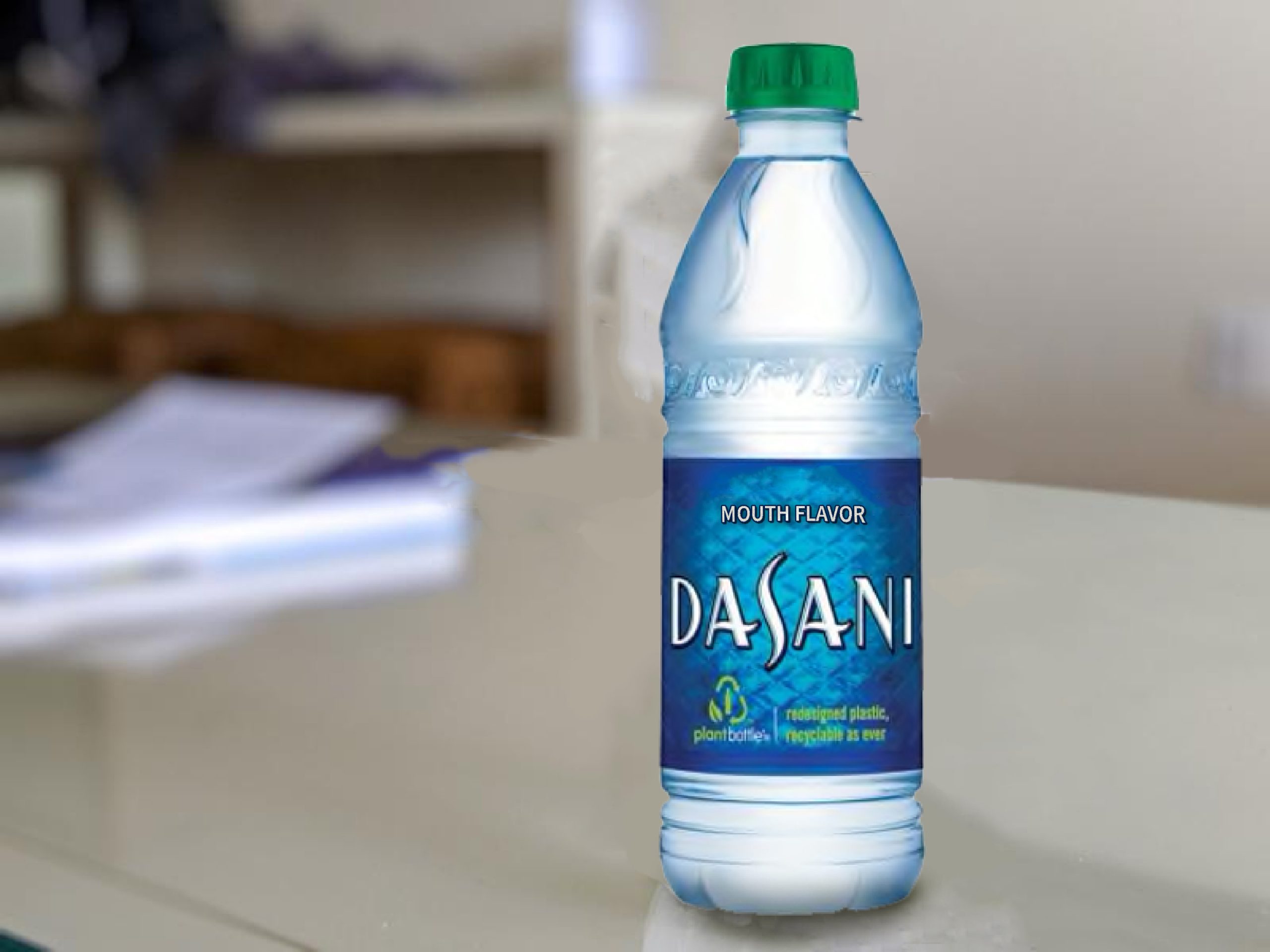 A Dasani water bottle with the title "mouth-flavored"