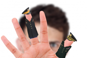 A person's hand with fingers dressed in military uniforms.