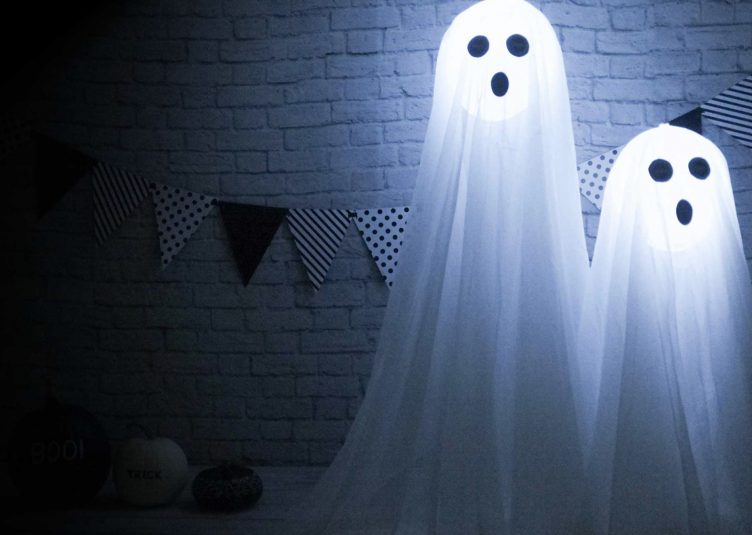 Pair of ghosts in front of a wall with party banner