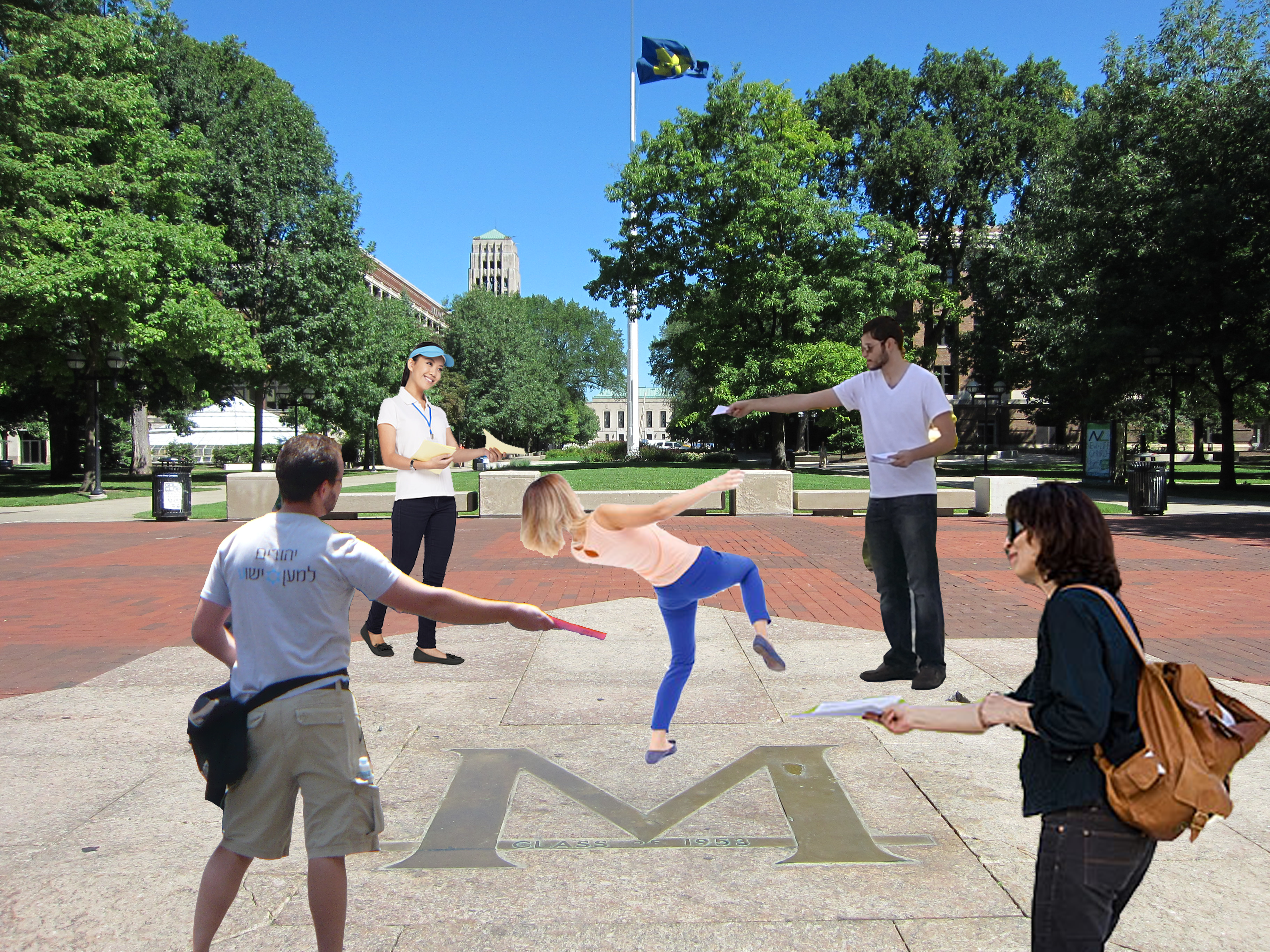 Photoshopped woman doing backflip on college campus surrounded by solicitors