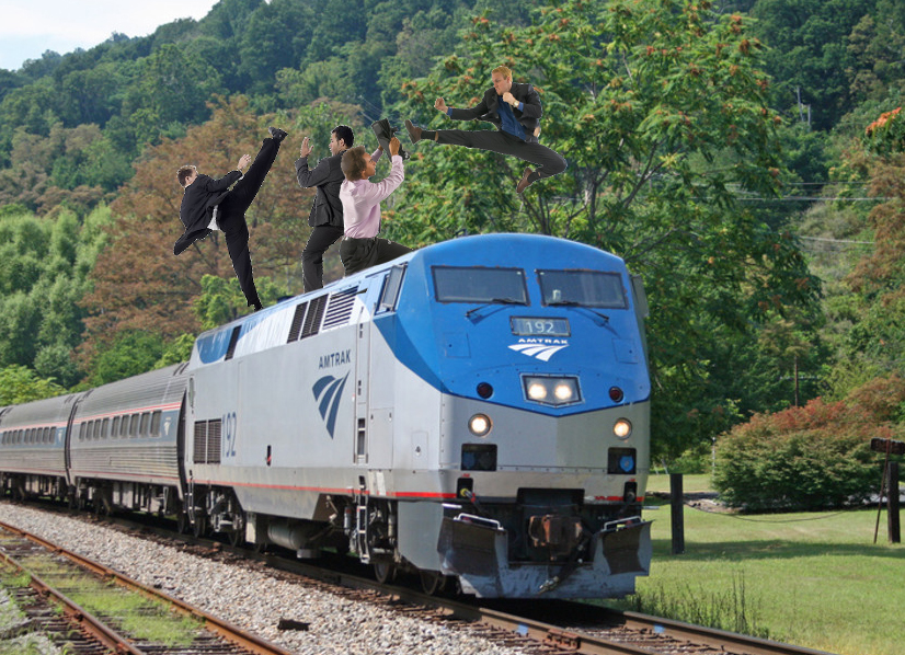Photoshopped people skirmishing atop moving train