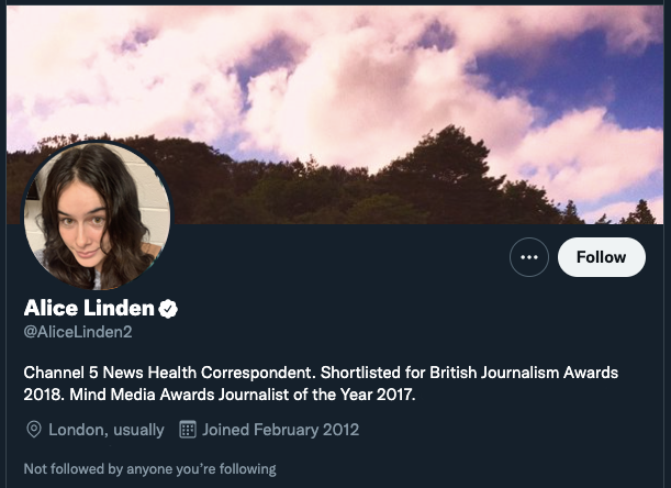 Twitter profile of brunette woman reading "Channel 5 News Health Correspondent" and other awards