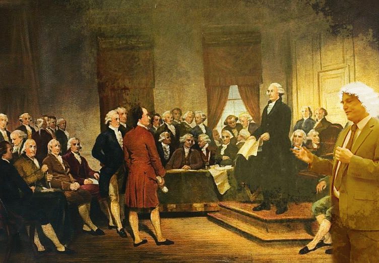 Historical picture of the signing of the Constitution with a professor standing in front in a suit and wig