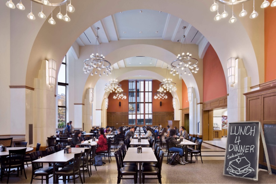 Picture of the North Quad dining hall with a sign advertising "lunch for dinner".