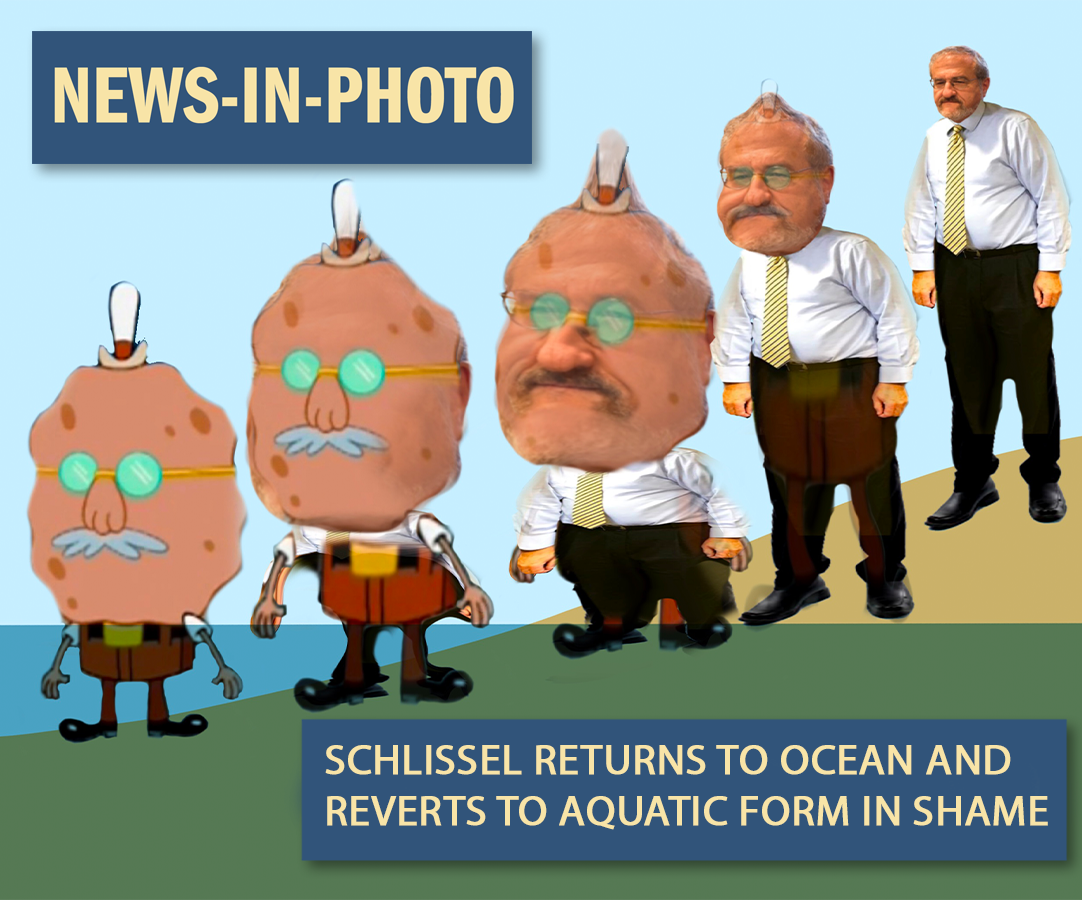 Picture of Schlissel near the ocean slowly morphing into Spongebob's Grandpa in the water.