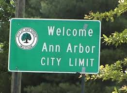 A "welcome to Ann Arbor" sign.