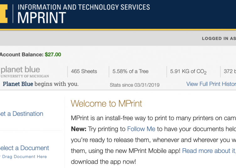 Picture of the login screen of MPrint with a full balance.
