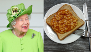 Queen Elizabeth next to a photo of beans on toast.