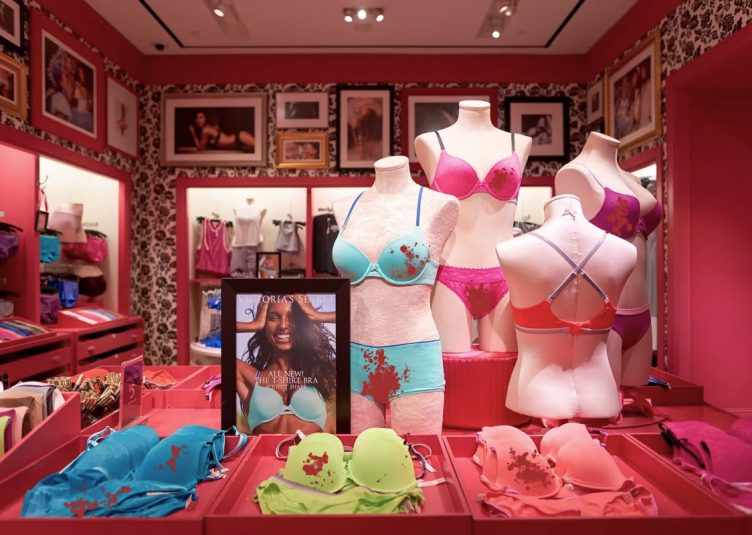 Room filled with mannequins showing off the new Victoria Secret bodyfluid line that has blood stains