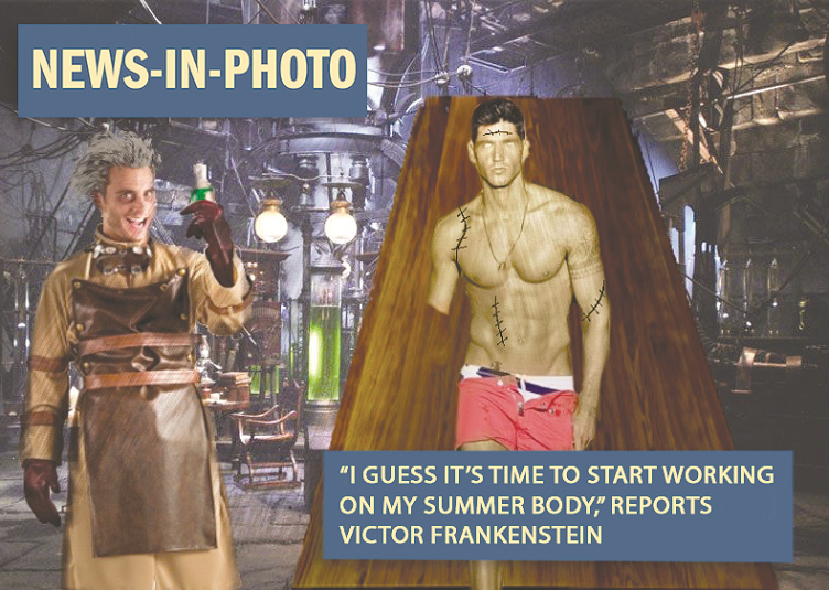 Victor Frankenstein standing next to summer body