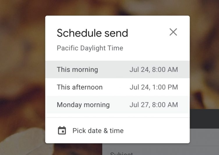 A screenshot of the Gmail schedule send menu.