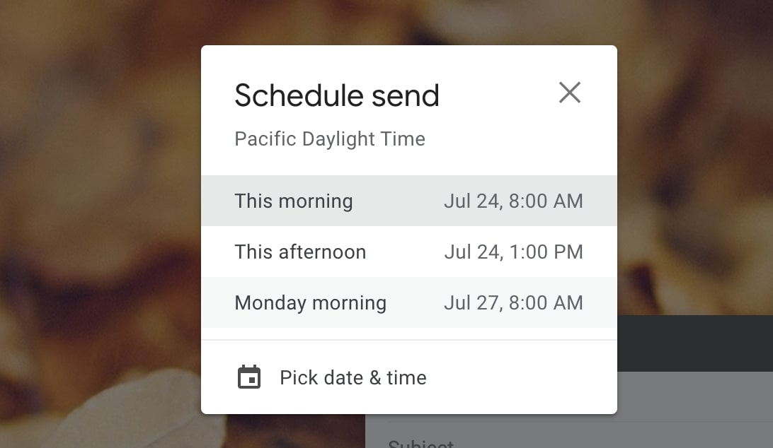 A screenshot of the Gmail schedule send menu.
