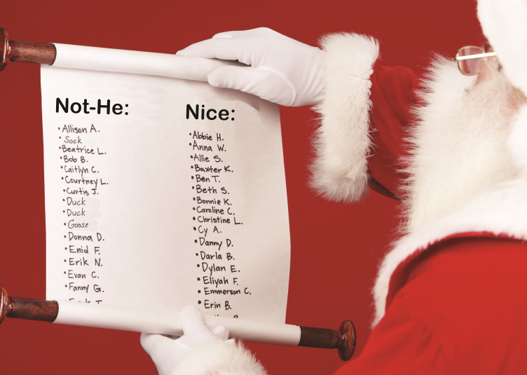 Santa holding naughty nice list with non-binary names