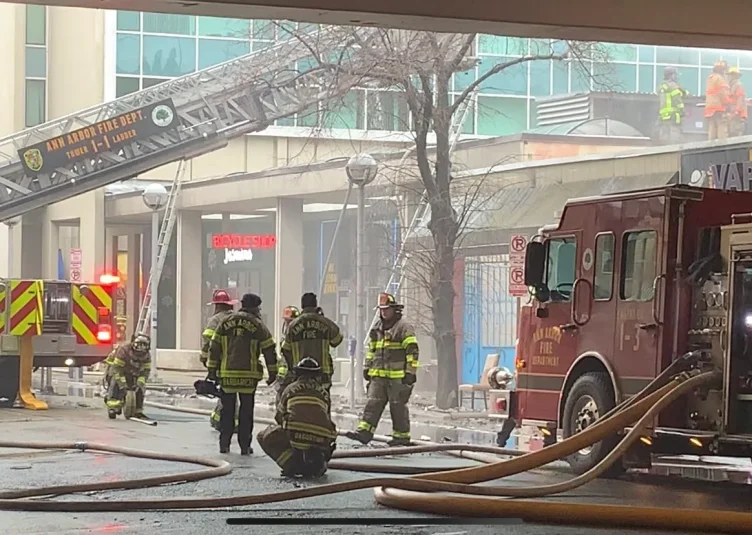 Fire department responding to Madras Masala and Vape City Burning down in Ann Arbor, Michigan