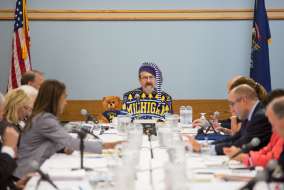 Schlissel at regents meeting dressed in UofM style pajamas