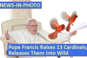 Pope with arms spread, releasing two flying cardinals