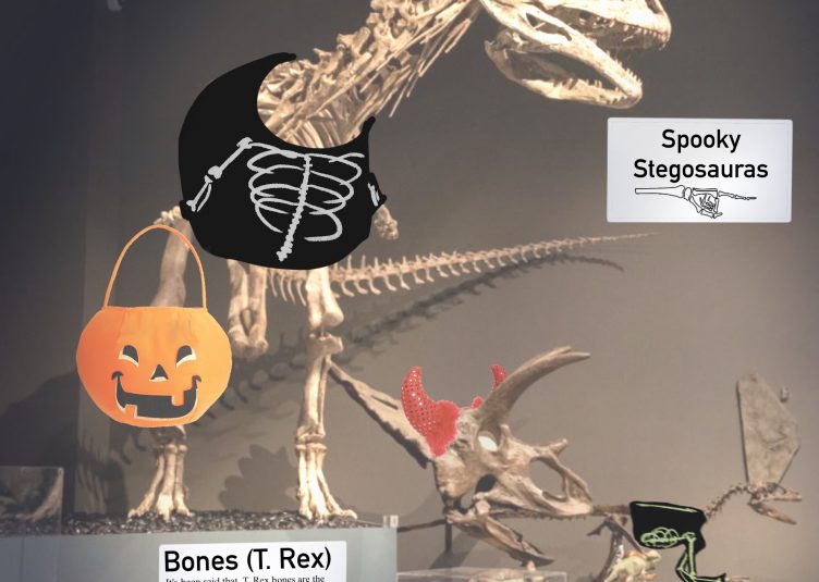 A large T-Rex dressed in a skeleton Halloween costume carrying a trick-or-treat bucket.