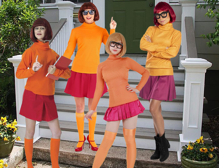 Four women in Velma costumes edited to be standing on porch