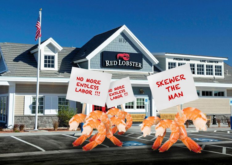 Shrimp picketting outside of a red lobster for better hours.