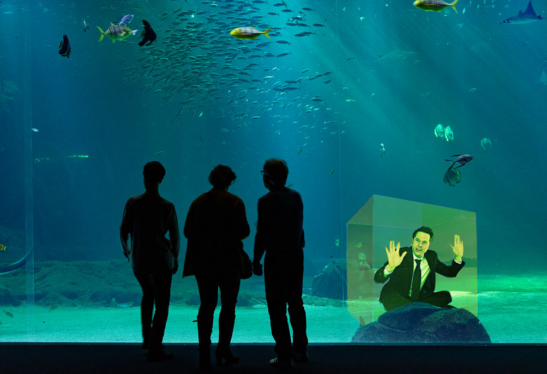 Picture of a family looking at a large tank that has fish and a man trapped inside of a box.