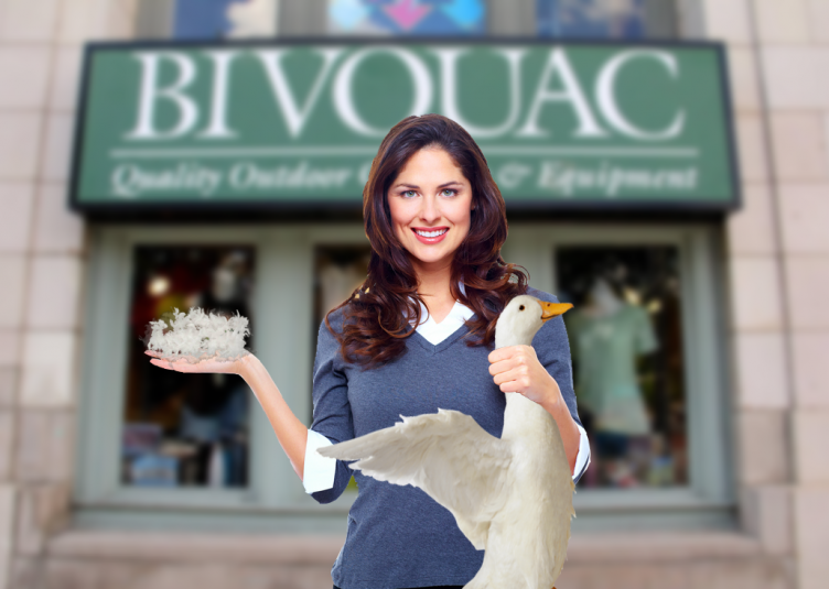A woman holding a freshly-plucked Canada Goose in front of Bivouac