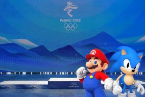 Mario and Sonic standing to the side of the Olympic podium.