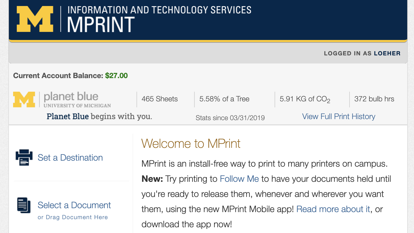Picture of the login screen of MPrint with a full balance.