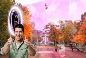 Photoshopped wormhole on Michigan Diag; Man giving thumbs up