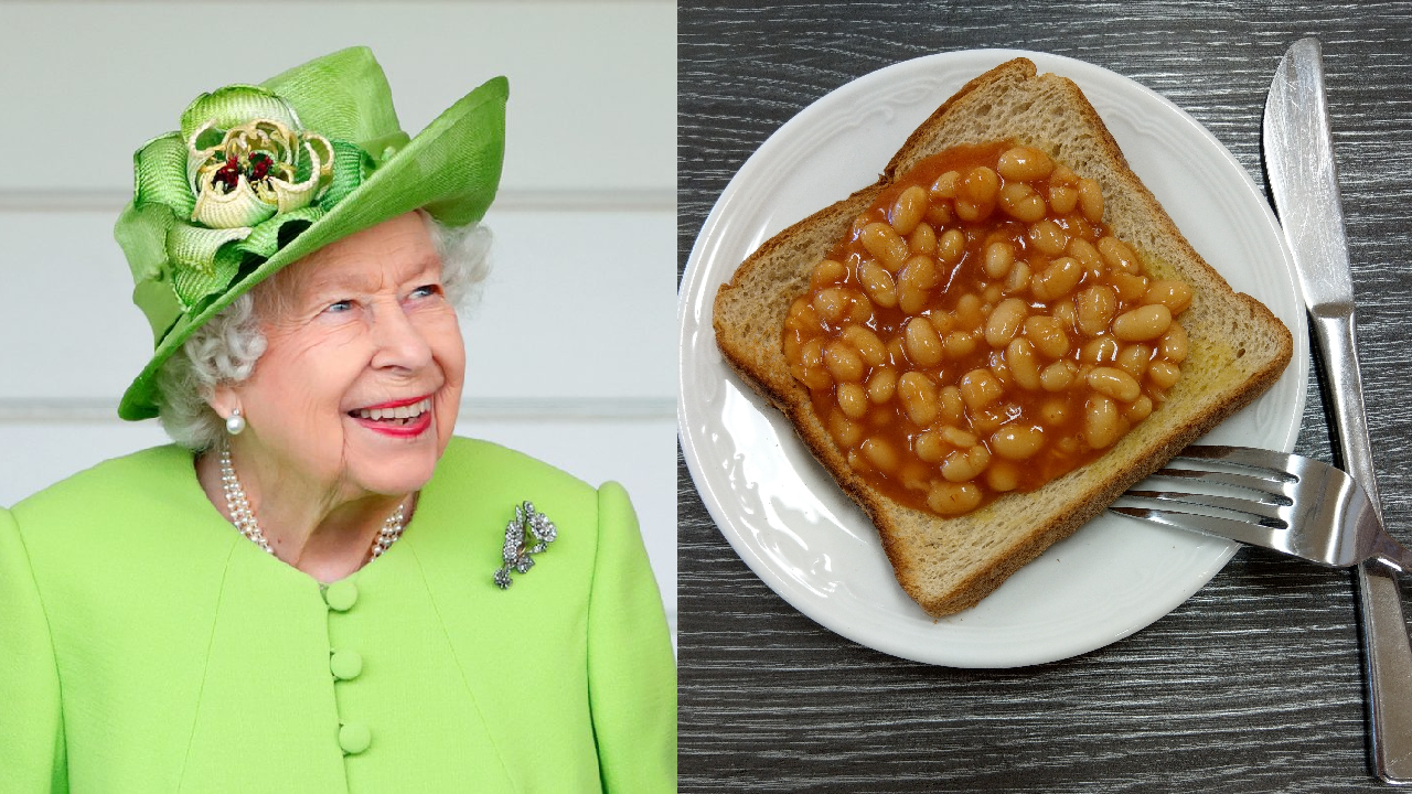 Queen Elizabeth next to a photo of beans on toast.