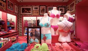 Room filled with mannequins showing off the new Victoria Secret bodyfluid line that has blood stains