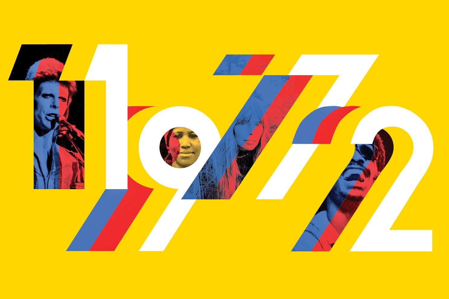 The year 1972 with images of David Bowie, Aretha Franklin, and Stevie Wonder