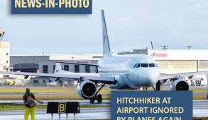 Picture of an airplane taxiing on the runway right past a person attempting to hittch a ride.