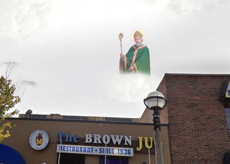 St. Patrick in the sky, looking over the brown jug, and he is pissed.