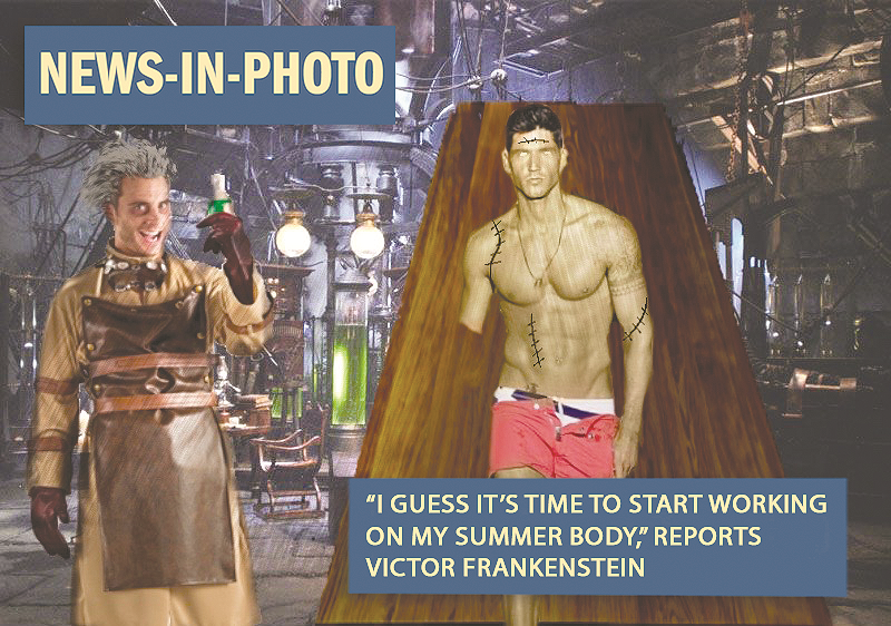 Victor Frankenstein standing next to summer body