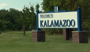 Sign that reads "Welcome to Kalamazoo"