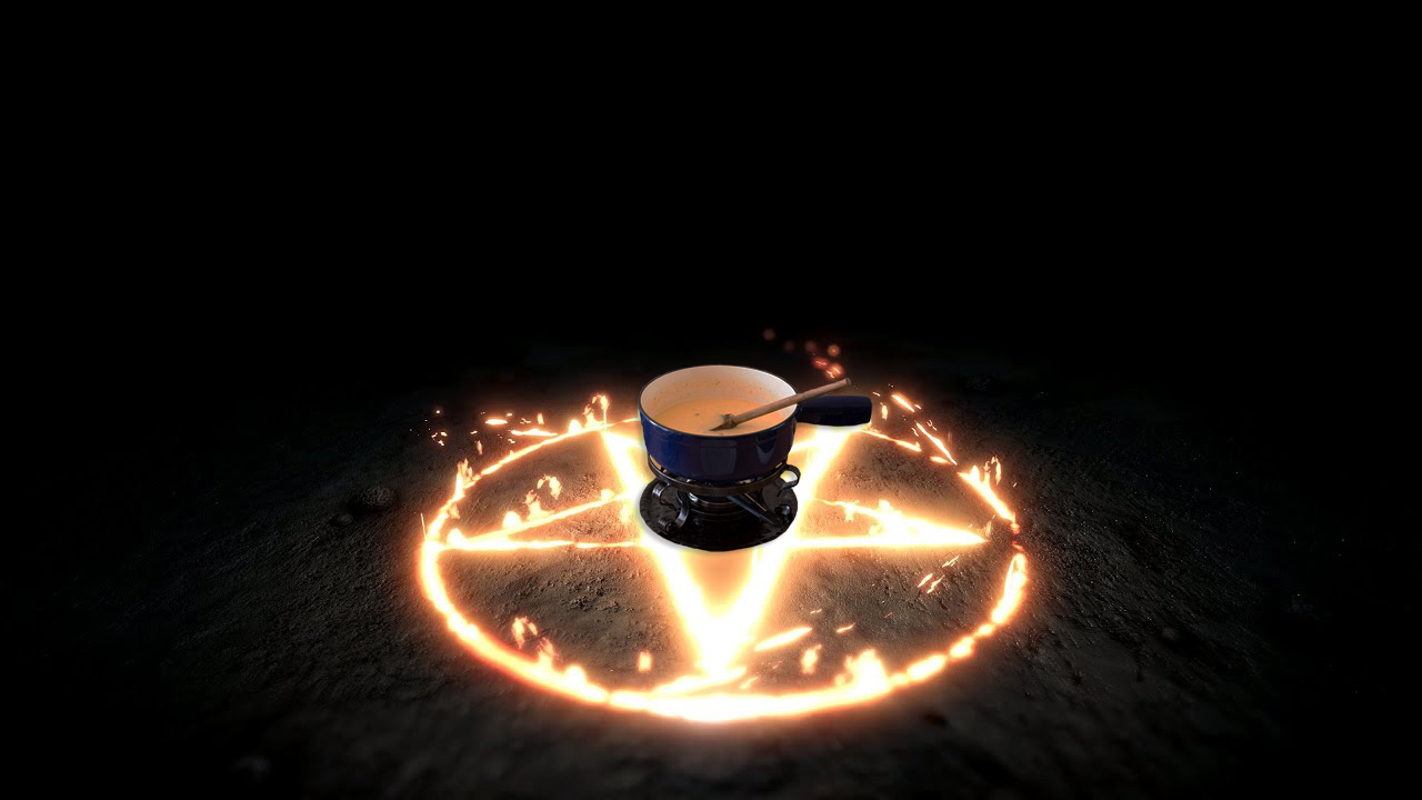 A flaming pentagram with a fondue pot on top of it.
