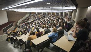 Large lecture hall full of students