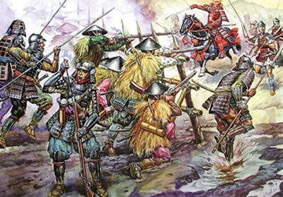 Samurai warriors in a bloody battle.