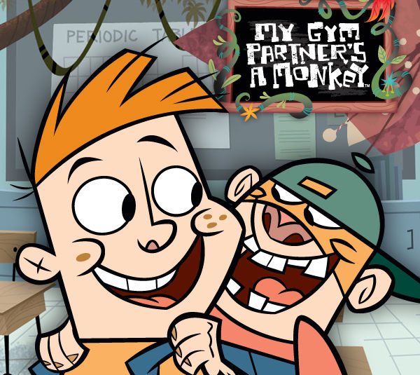 A promotional photo for the animated series "My Gym Partner's a Monkey." A cartoon boy smiles at the monkey on his back.