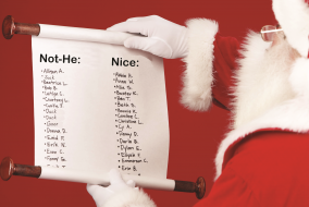Santa holding naughty nice list with non-binary names