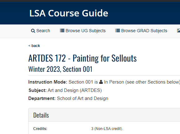 A screenshot of the LSA course guide page for Drawing for Sellouts.