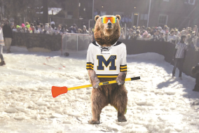 Cocaine Bear (the bear that did cocaine) at the University of Michigan Winterfest playing broom ball