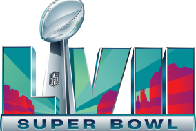 The Super Bowl LVII graphic featuring the Lombardi trophy.