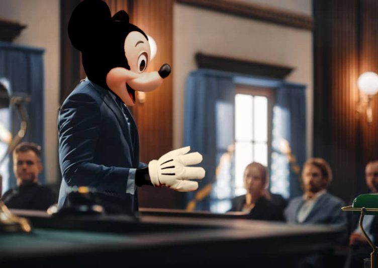 Mickey Mouse as a lawyer addressing a court room