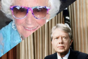 A split image of a grandmother smiling and a disgruntled President Jimmy Carter