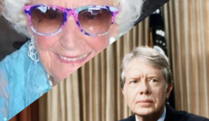 A split image of a grandmother smiling and a disgruntled President Jimmy Carter