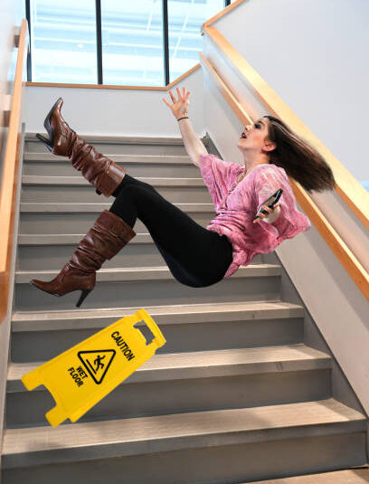 Woman falling down stairs